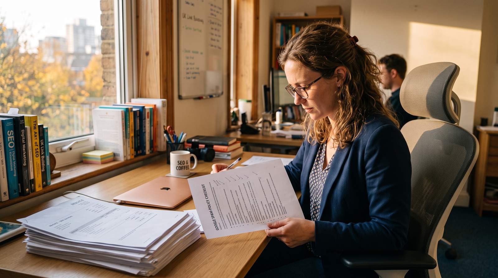 A UK link-building consultant reviewing a printed spam-policy checklist and a stack of placement invoices at a desk, late afternoon light through an office window