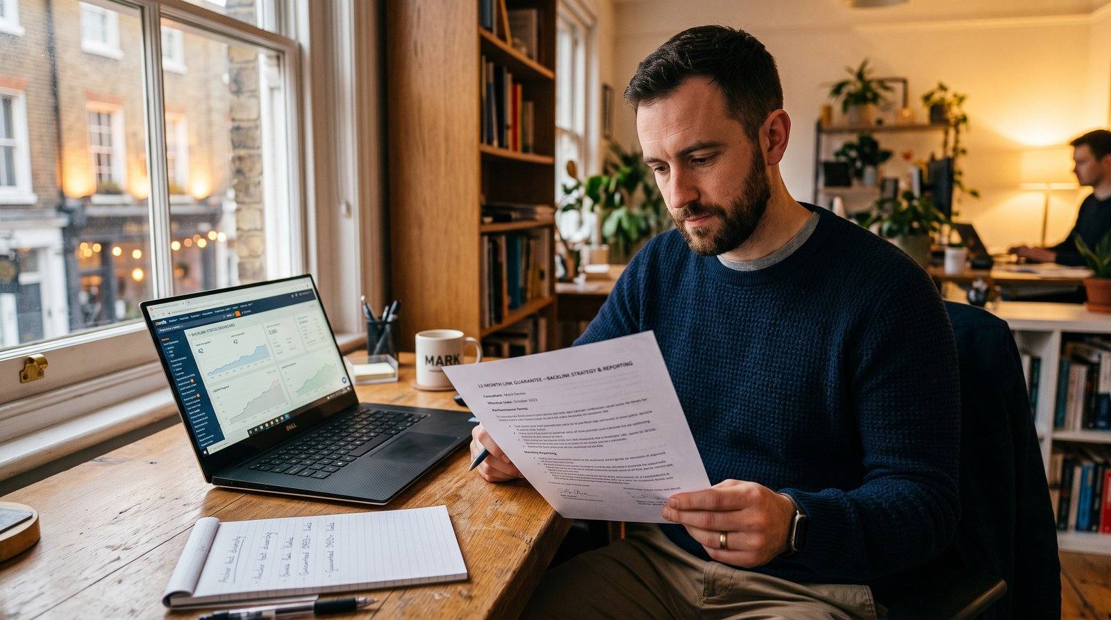A UK link building consultant reviewing a signed 12-month guarantee document at a desk, warm evening office light