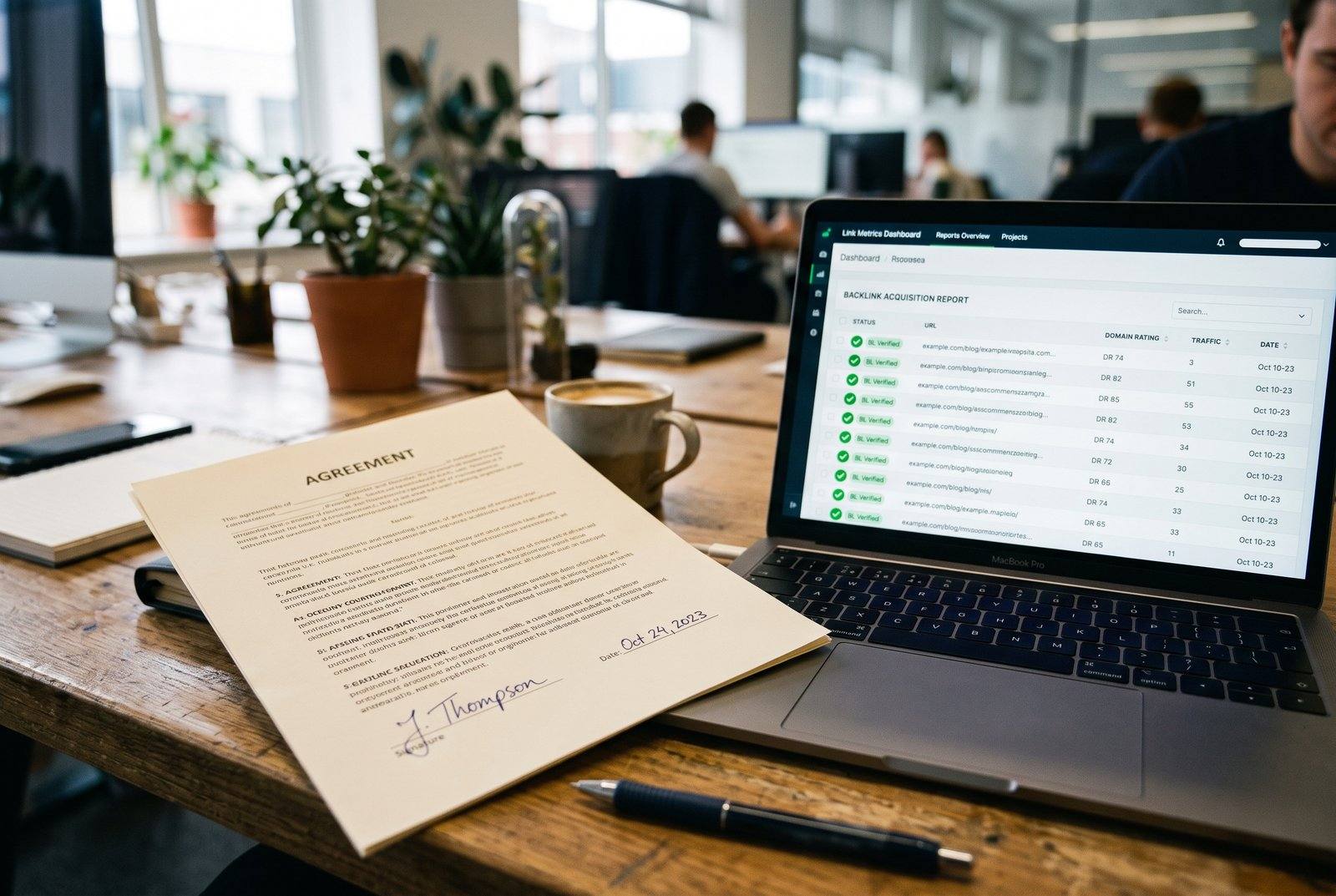 Close-up of a signed link guarantee contract on a desk next to a laptop showing a backlink report, natural window light