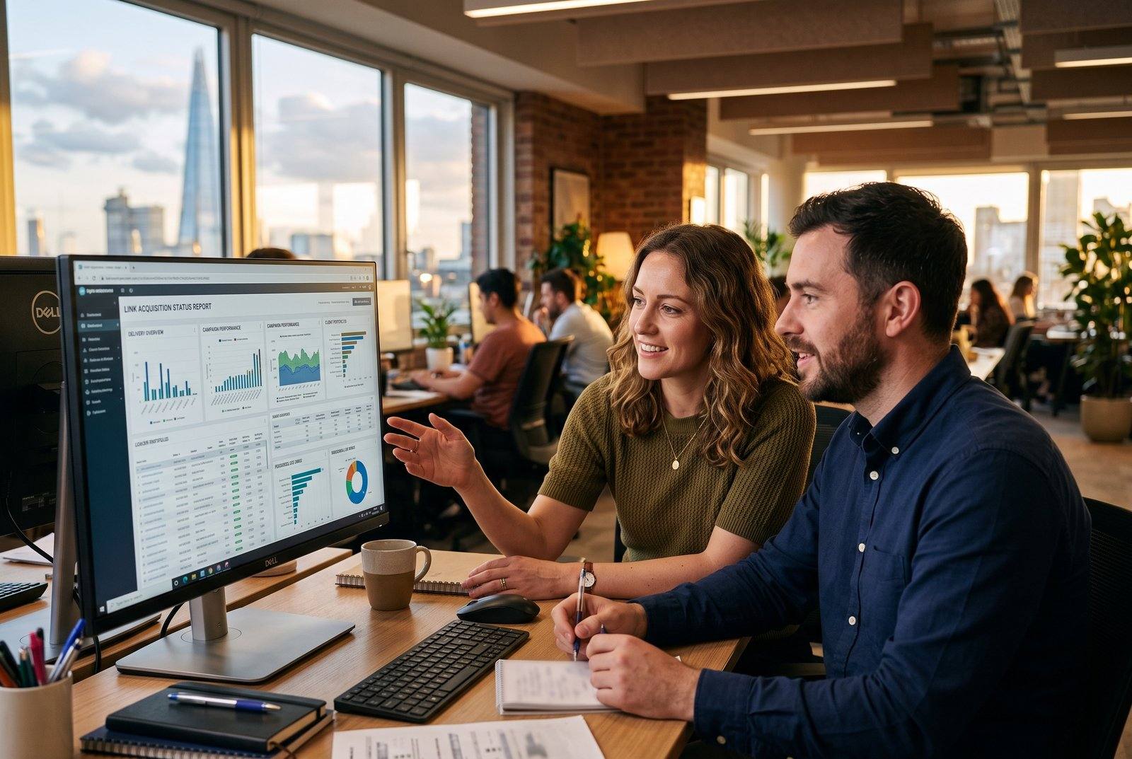 Two GEO consultants reviewing a link delivery report on a monitor showing live backlink status, UK agency office, late afternoon