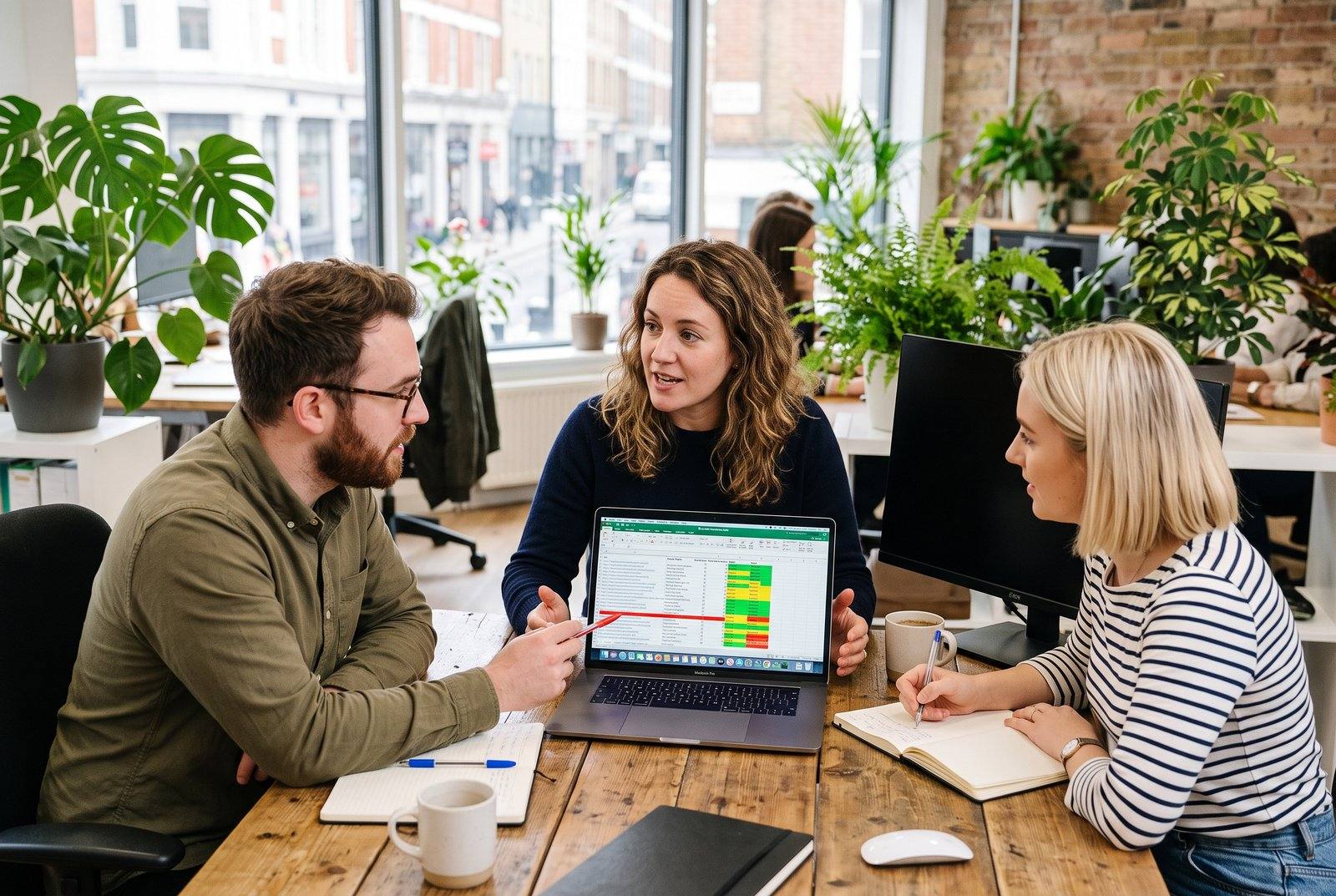 A small UK marketing team discussing a link portfolio audit around a table, laptop open showing a spreadsheet of link statuses, daylight office