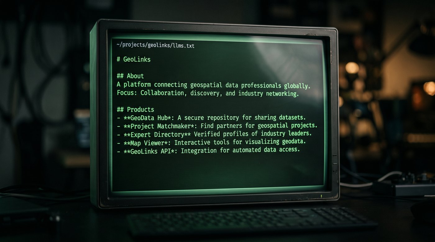 Dark terminal window displaying an llms.txt file in green monospace text, cinematic lighting