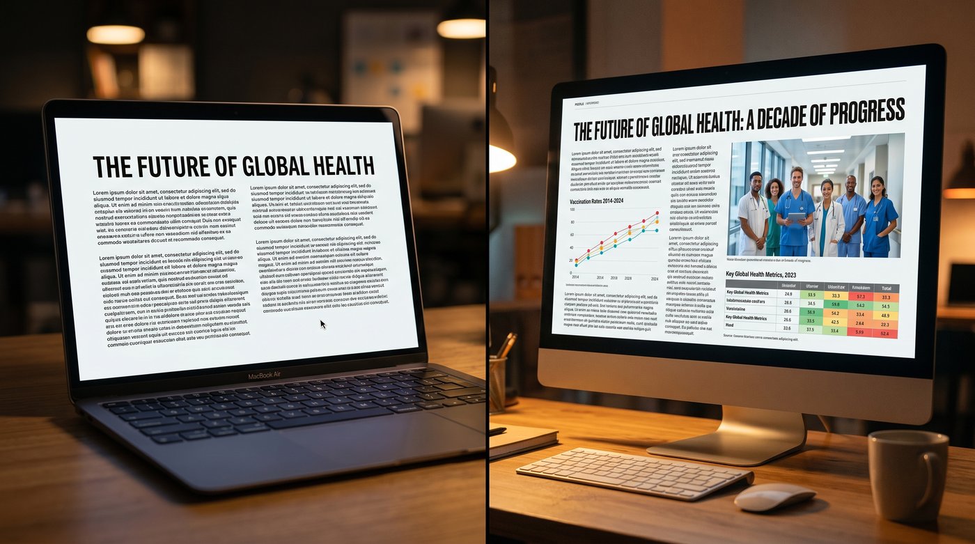 Split-screen comparison: a plain text-only article page on the left versus a rich multimodal page with charts and images on the right