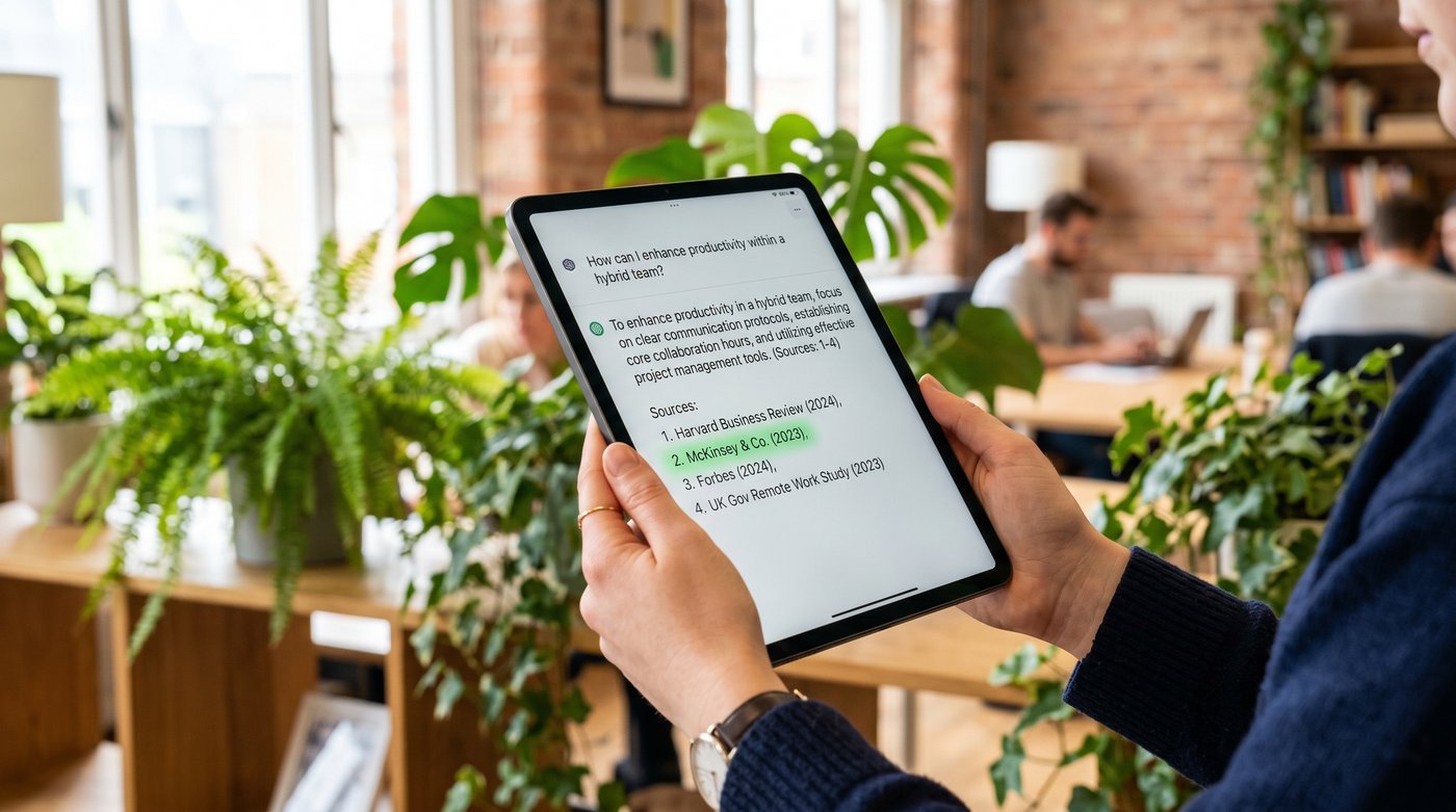 Hands holding a tablet in a bright co-working space, showing an AI answer with a numbered list of cited sources and one source highlighted in green