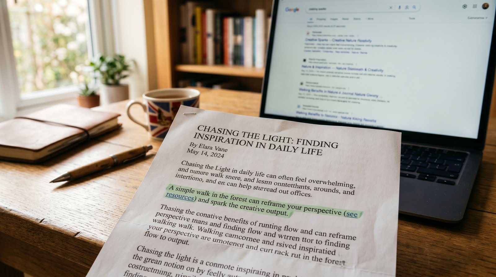A printed online article on a wooden desk with one sentence highlighted in green, a laptop showing search results behind it, in a British home office