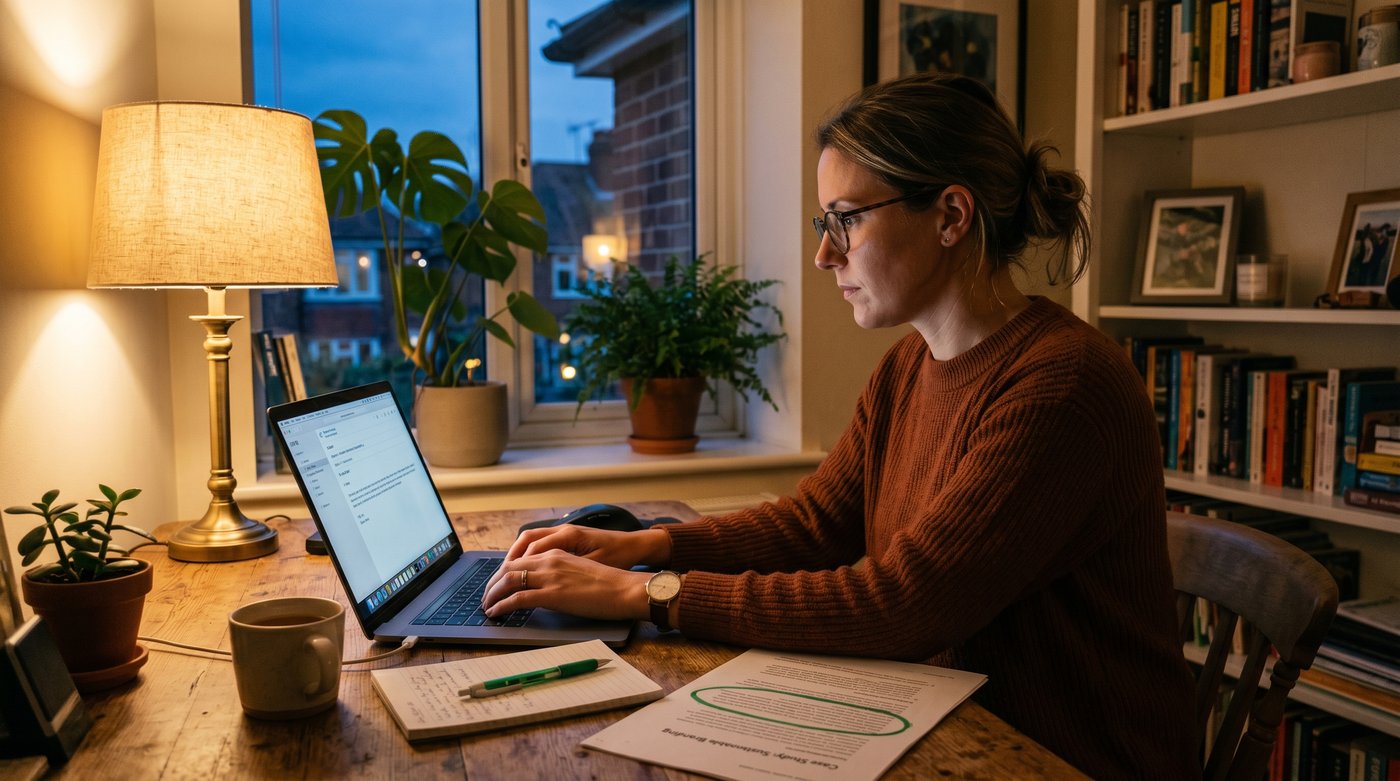 A marketer at a desk in a dusk-lit British home office, composing a short outreach email on a laptop, with a printed page beside the keyboard showing one paragraph circled in green pen