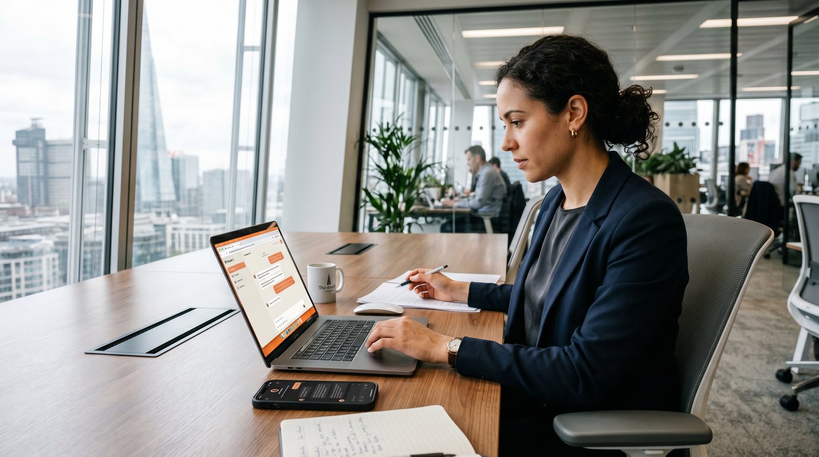 Editorial photograph of a professional analyst in a London office using the Claude AI assistant on a laptop, smartphone with another AI app beside it