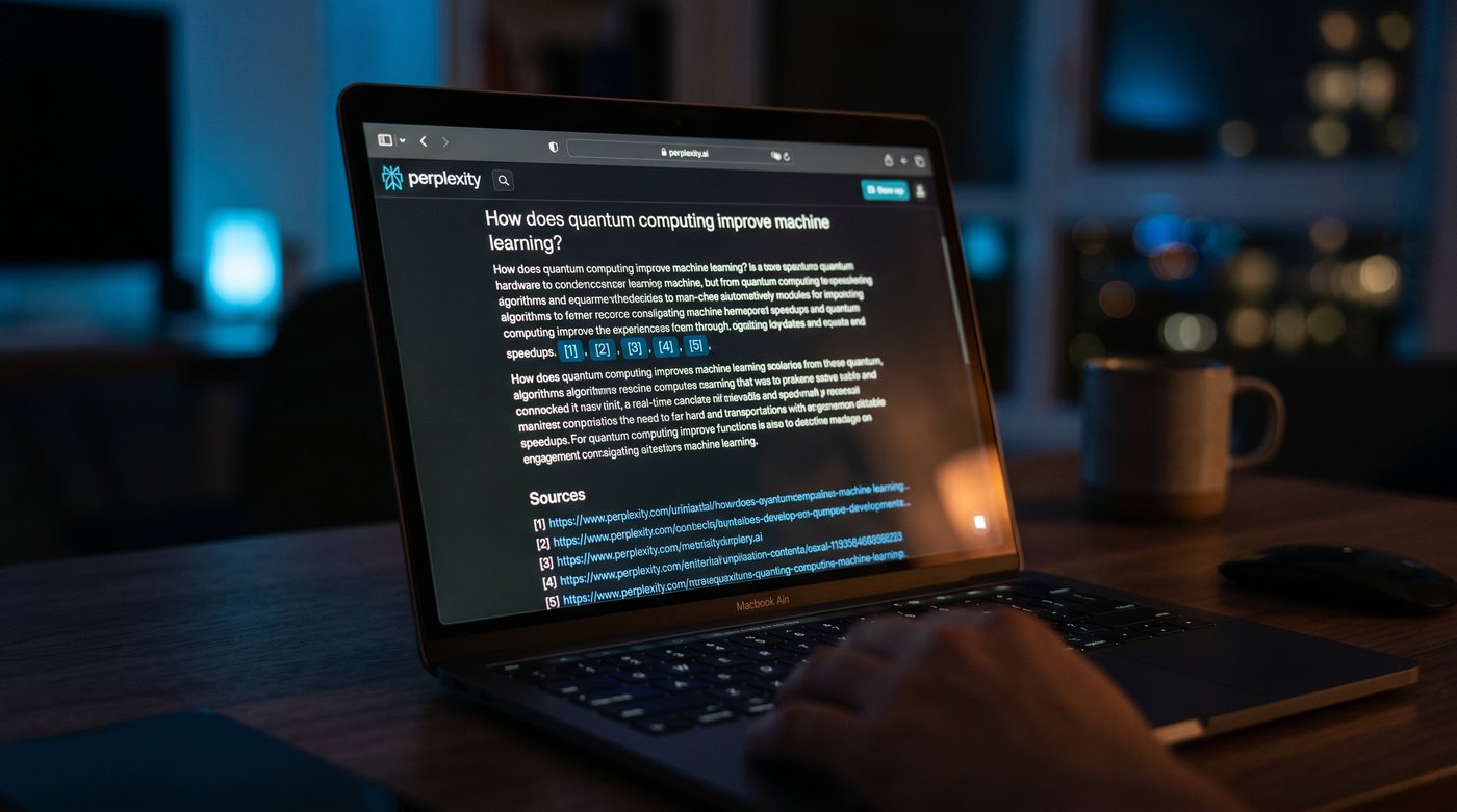 Glowing Perplexity AI search interface on a dark laptop screen, citation links highlighted in blue, cinematic depth of field