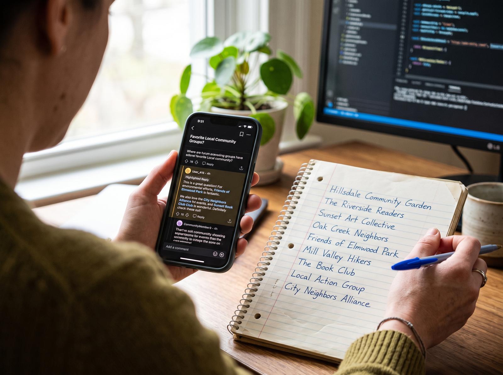 Close-up of a phone screen showing a Reddit thread with a highlighted top comment, held next to a notebook with handwritten subreddit names, daylight through a window