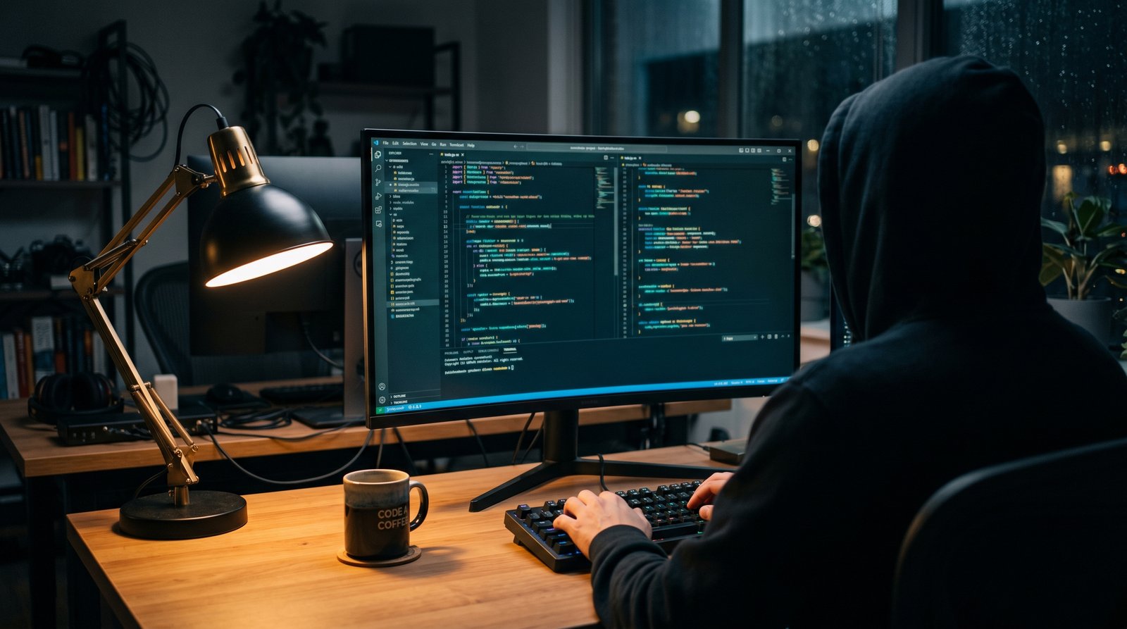 Editorial photograph of a developer working late at a large monitor filled with structured code in a dark office, warm desk lamp light