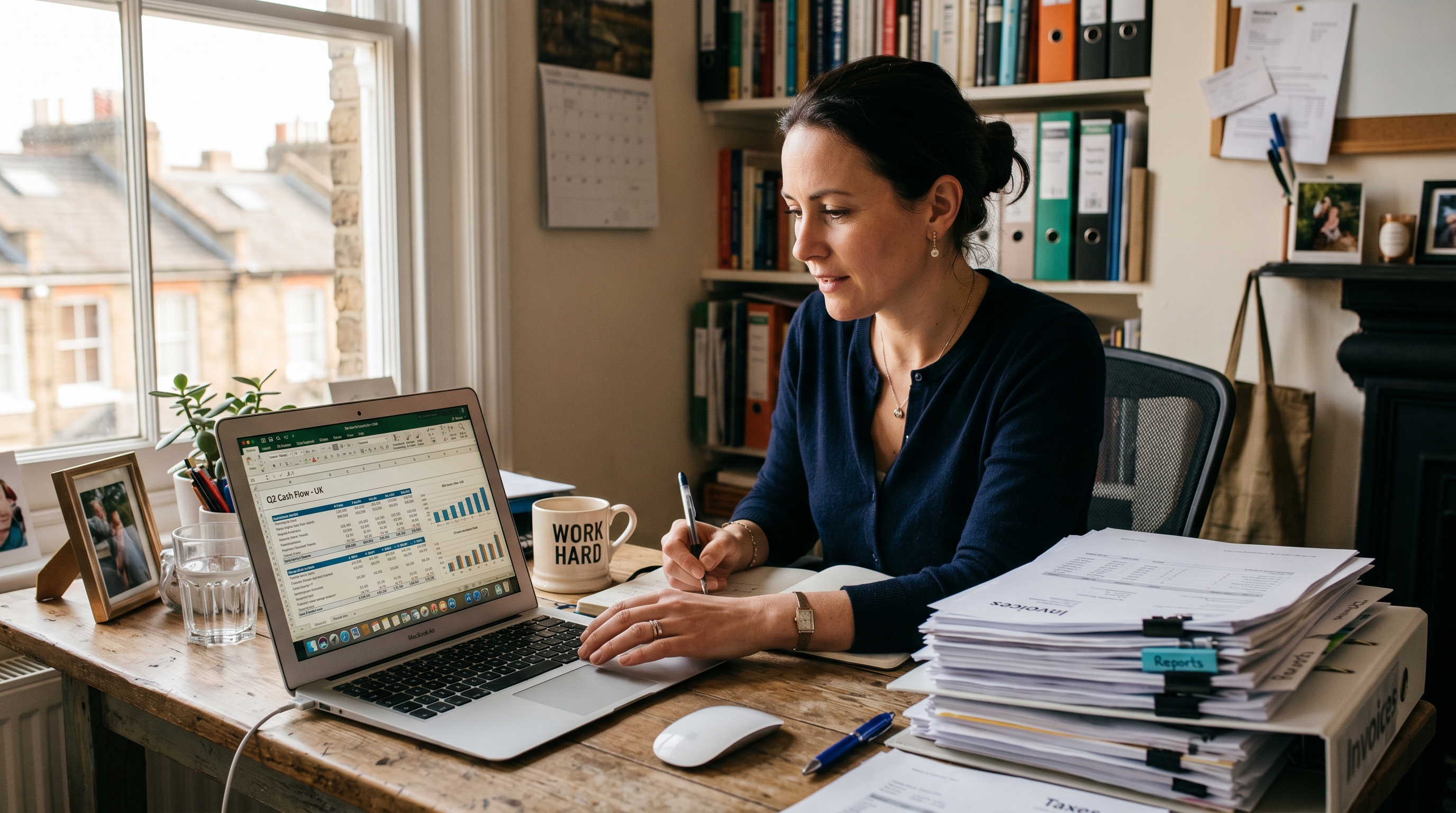UK small business founder at a compact office desk with laptop open, reviewing financial documents in natural daylight