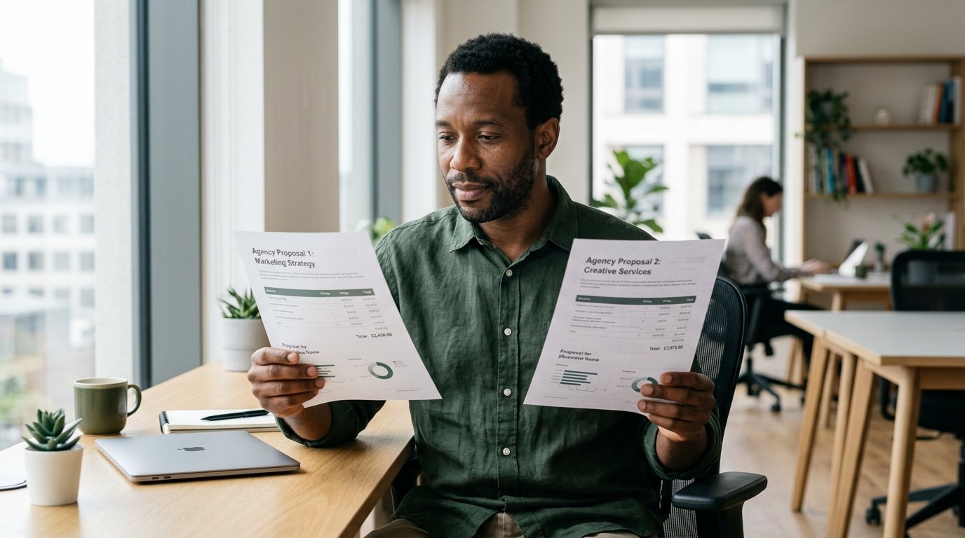 UK small business owner at a desk comparing two GEO agency quotes side by side in natural daylight