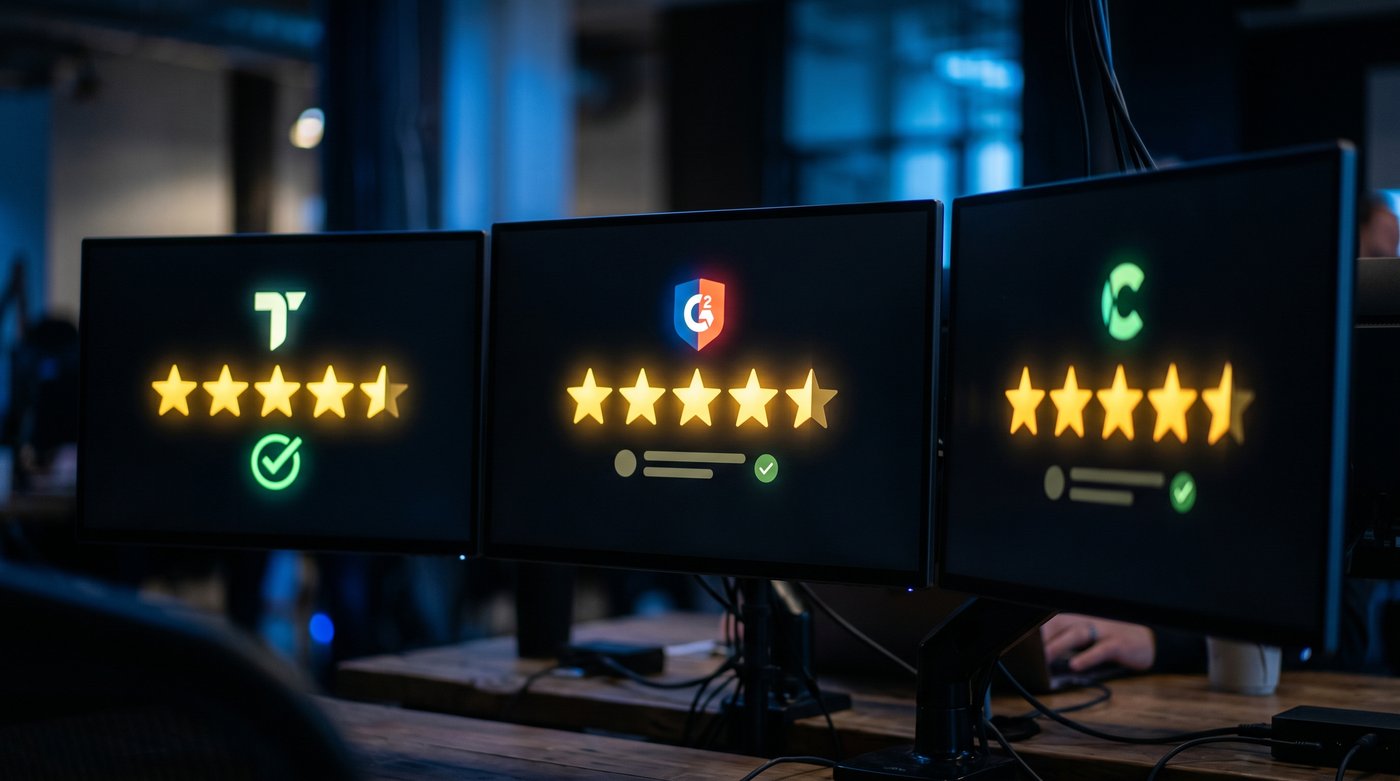 Glowing star-rating interfaces on dark screens showing Trustpilot, G2 and Capterra review platforms with soft blue ambient lighting
