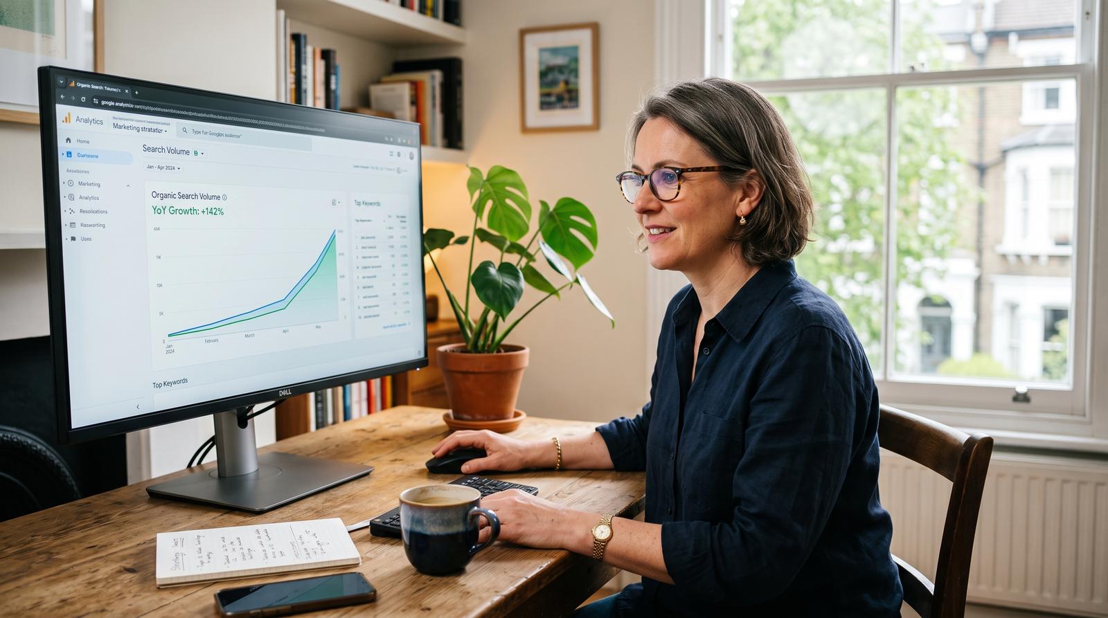 A UK marketing strategist reviewing a keyword research dashboard on a laptop in a home office, late afternoon light