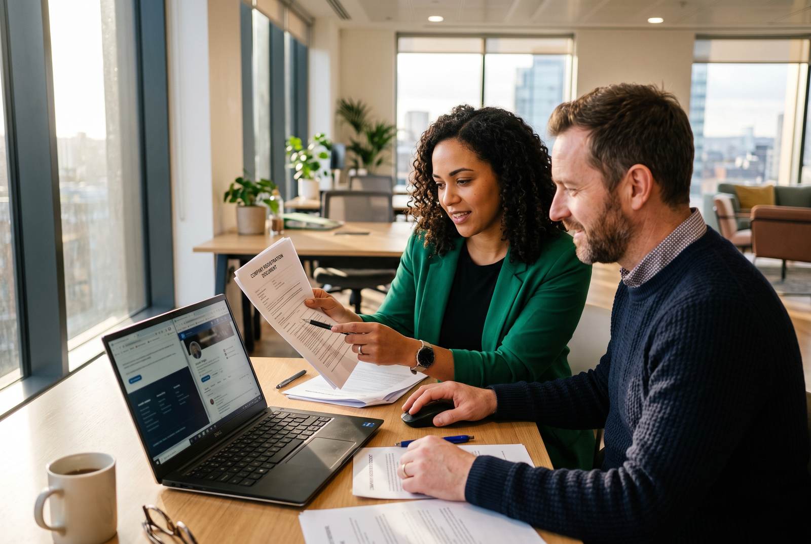 Two colleagues cross-checking a UK company's Companies House registration against its website footer and LinkedIn page, bright meeting room, afternoon light