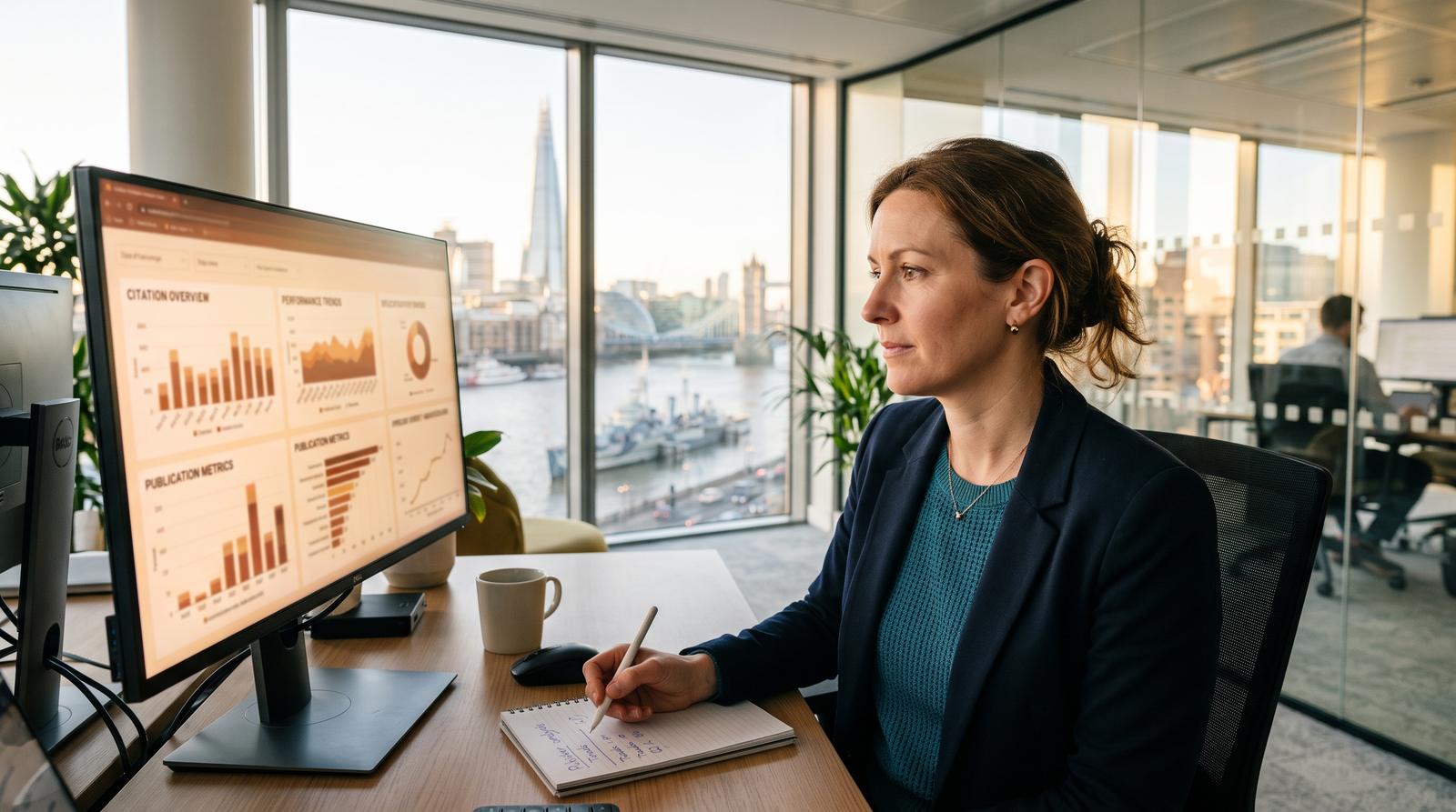 A UK content strategist reviewing a British publisher citation dashboard in a London office, morning light