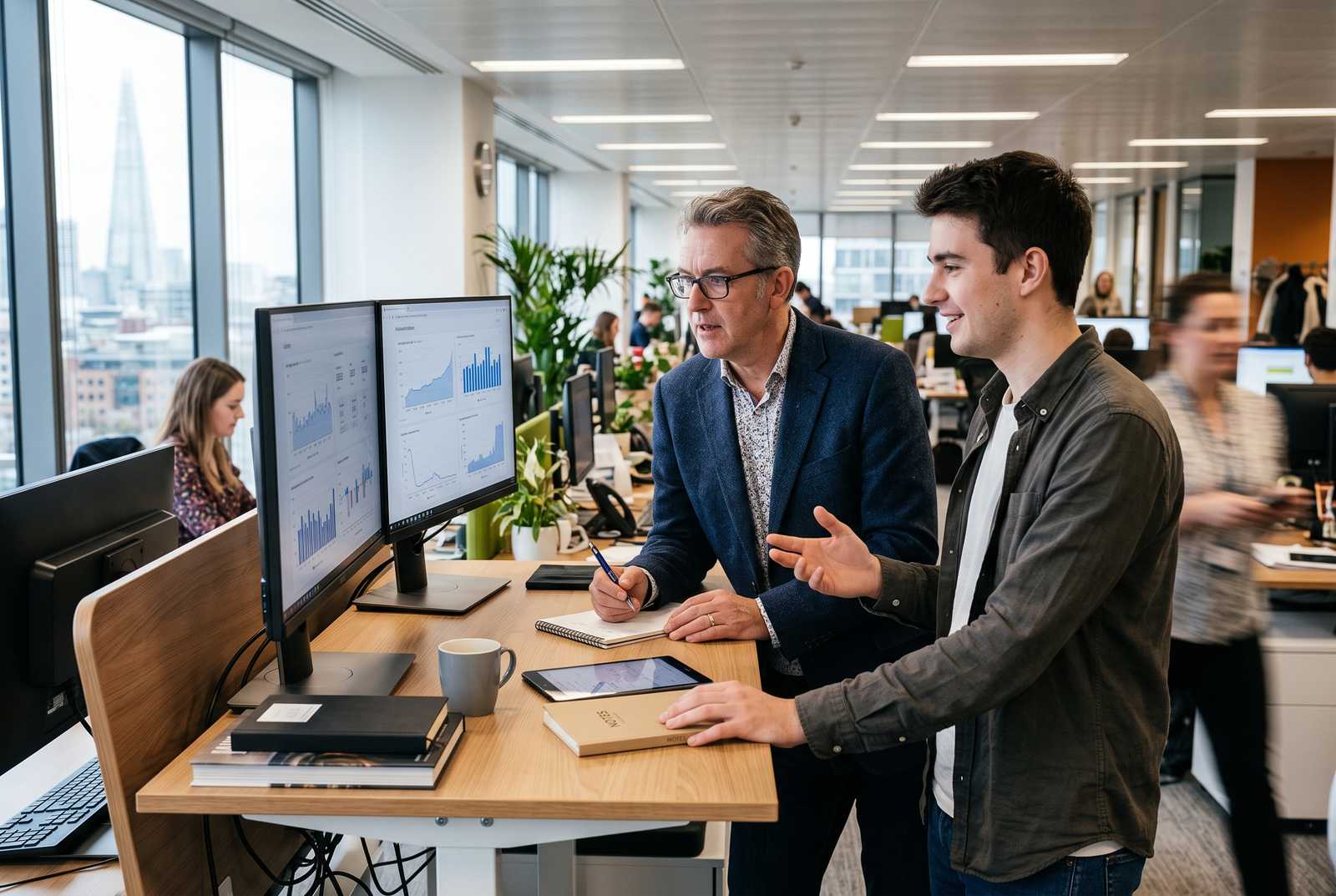 A UK journalist and GEO strategist reviewing publisher citation data on a large monitor, newsroom-style office, late morning light