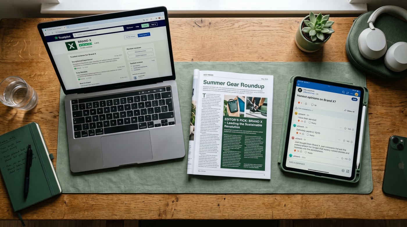 A desk with a laptop and tablet showing a Trustpilot review page, a Reddit thread and an industry roundup article all mentioning the same brand, illustrating the third-party corroboration AI engines look for before citing a company