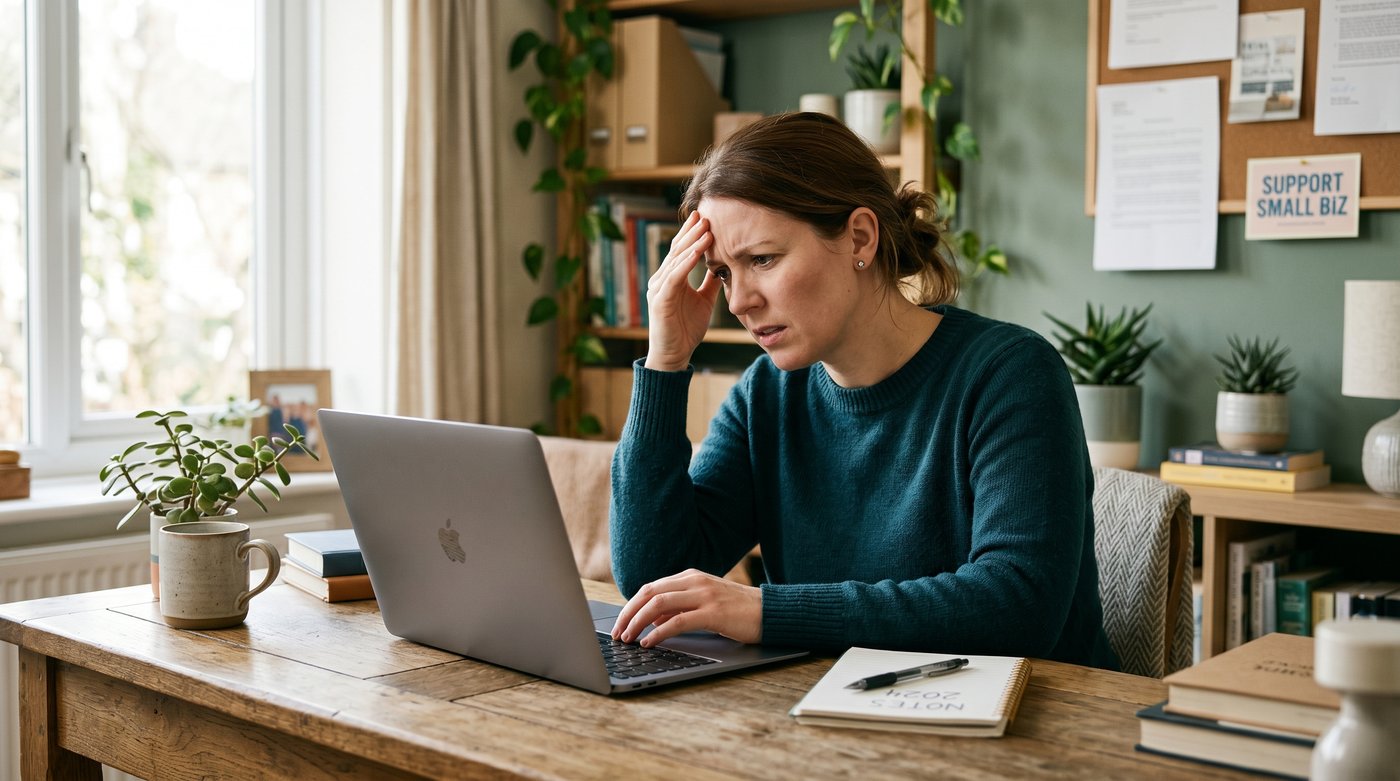 A small-business owner at a laptop reading an AI answer panel that lists three rival brands and not their own, lit by daylight through an office window
