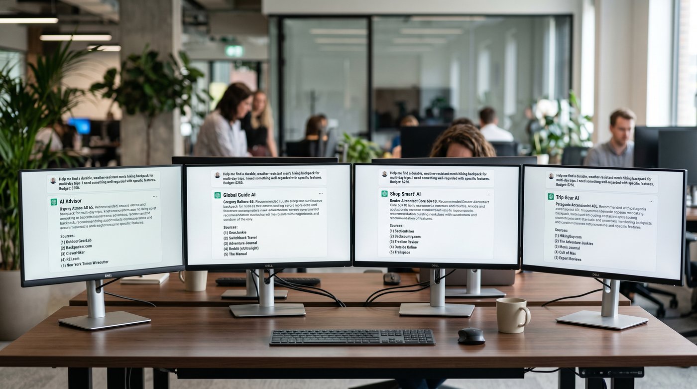 Four AI answer panels side by side for ChatGPT, Claude, Gemini and Perplexity, each citing a different mix of sources for the same buying question, showing why a single-engine strategy leaves a brand invisible